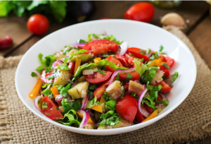 Thrive Foodie Salad of Baked Eggplant Tomato.